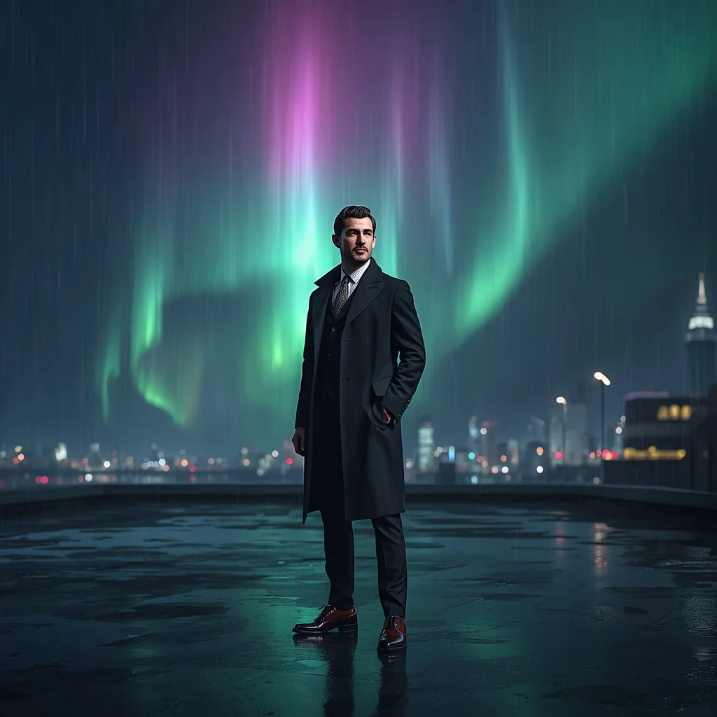 Elegant Man Digital Aurora Borealis Cascade Urban Night Scene | Prompt for traditional look for boy instagram — AI image prompt