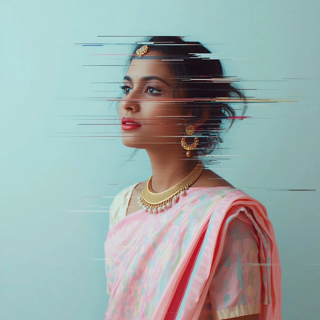 Glitched Reality: Woman in Pixelated Distortion | aesthetic saree prompt for chatgpt — AI image prompt