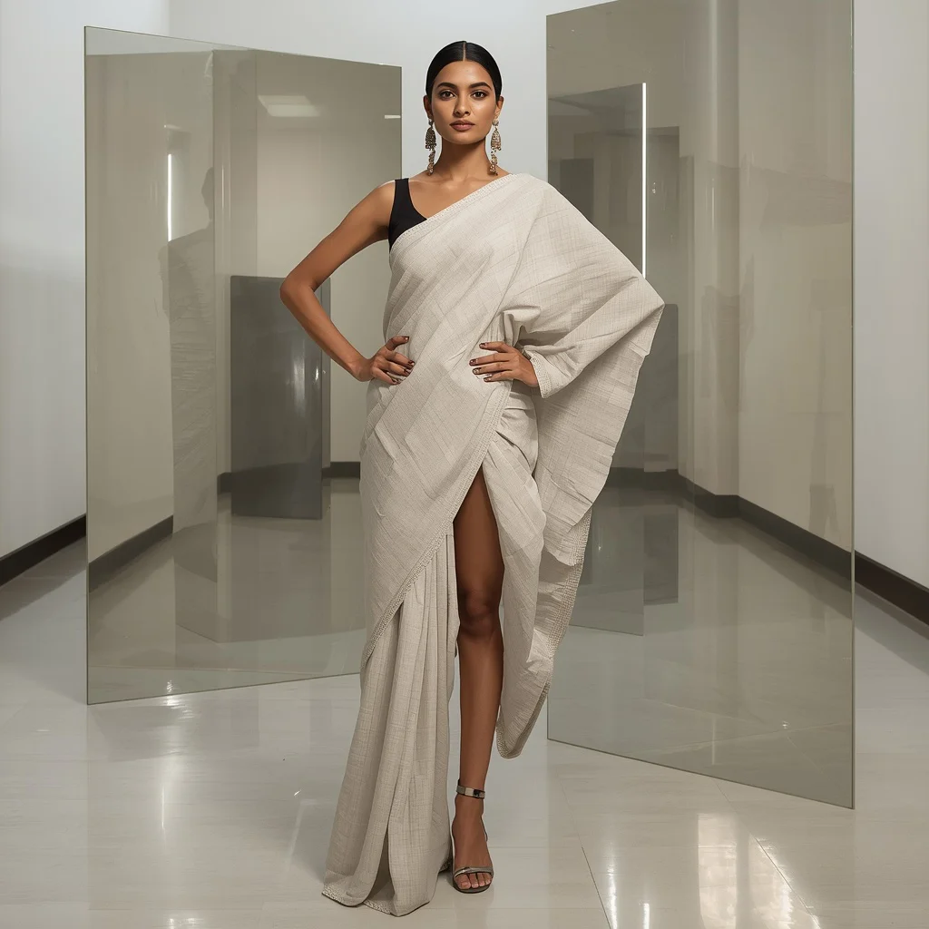 Indian Woman in Modern Dhoti Saree with Abstract Geometric Sculptures | gemini ai photo prompt copy paste trending girl 2026 — AI image prompt
