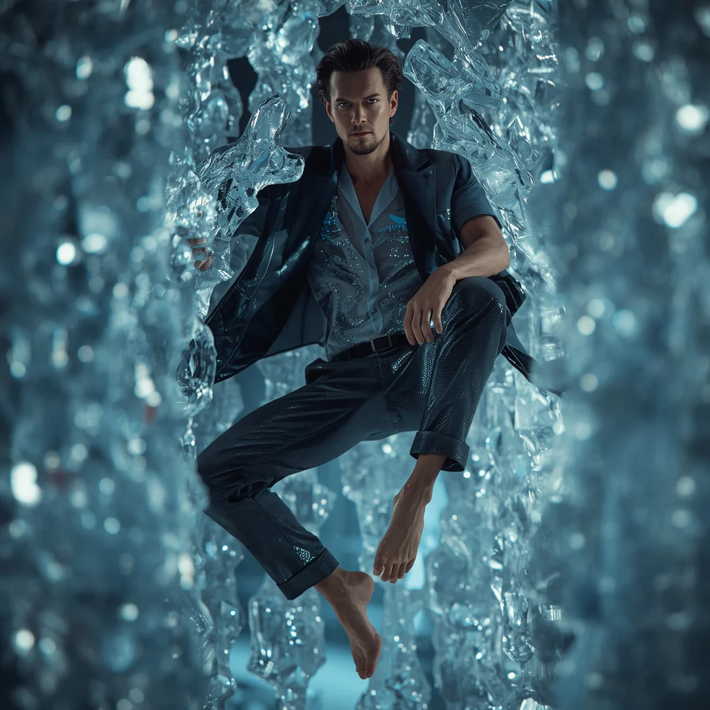 Male Model in Avant-Garde Outfit Suspended in Zero-Gravity Ice | free ai prompt — AI image prompt