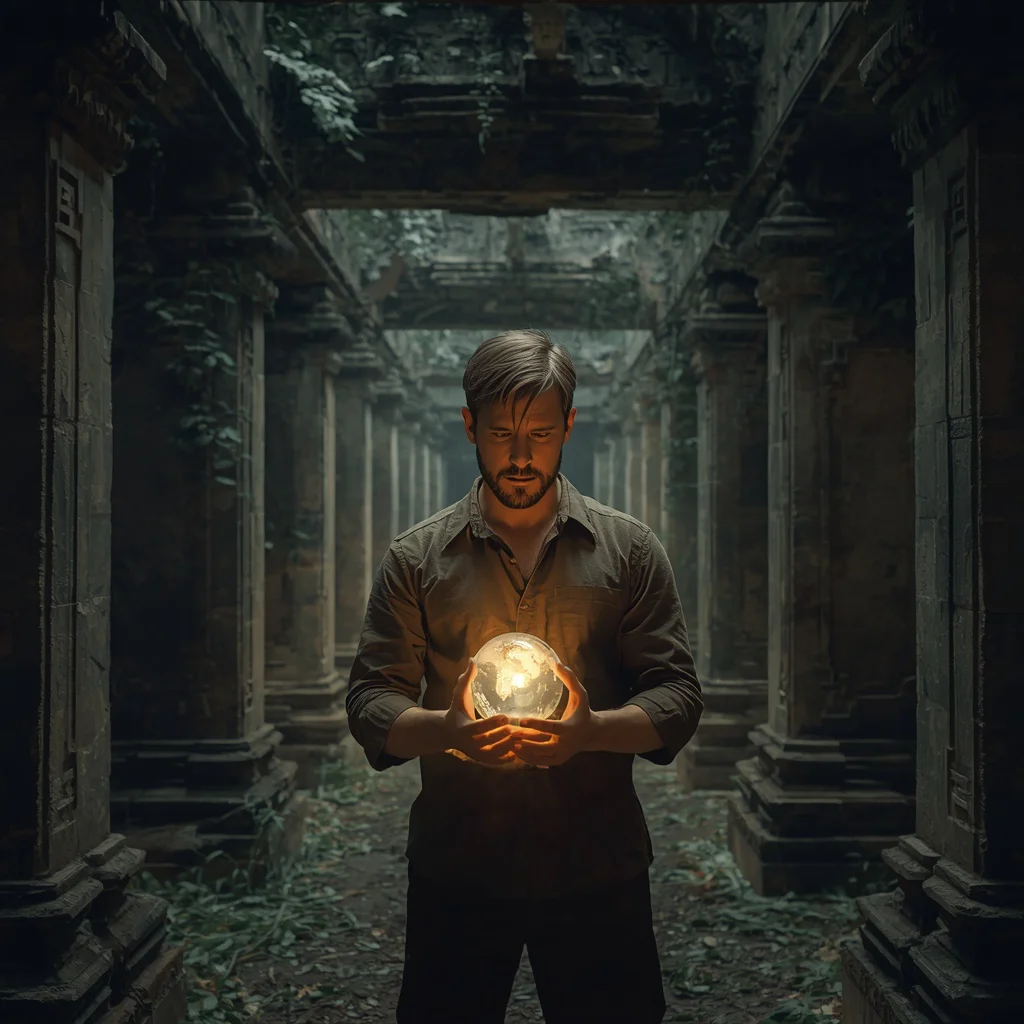 Man Ancient Temple Ruins Mysterious Orb Contemplation | Trending prompt for men — AI image prompt