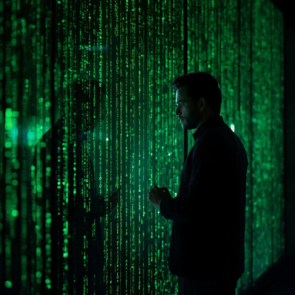 Man Contemplating Digital Rain Matrix Code Reflection | ai prompt for reels — AI image prompt