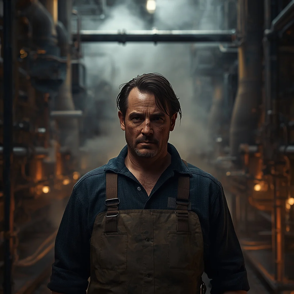 Man In Industrial Setting Steam Pipes Gritty Determination | leonardo ai image prompt — AI image prompt