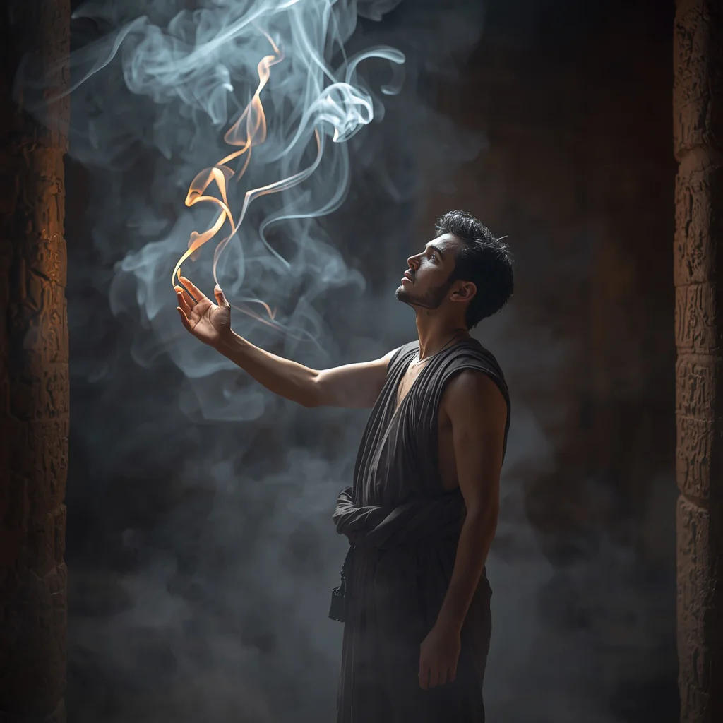 Man Interacting Sentient Smoke Ethereal Whispers Ancient Chamber | ai photo editing prompt — AI image prompt