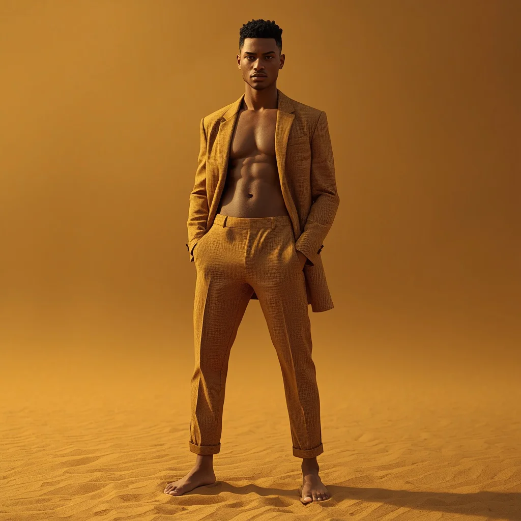 Modern Stylish Man Golden Sand Background Radiant Masculine Vibe | gemini ai prompt — AI image prompt