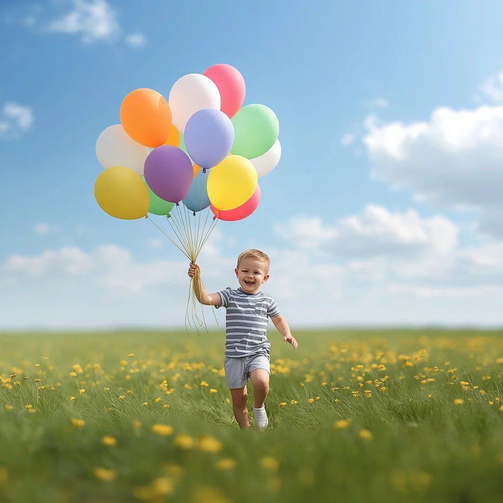 Playful Boy with Colorful Balloons in a Sunny Field | Prompt seen trending girl Instagram — AI image prompt