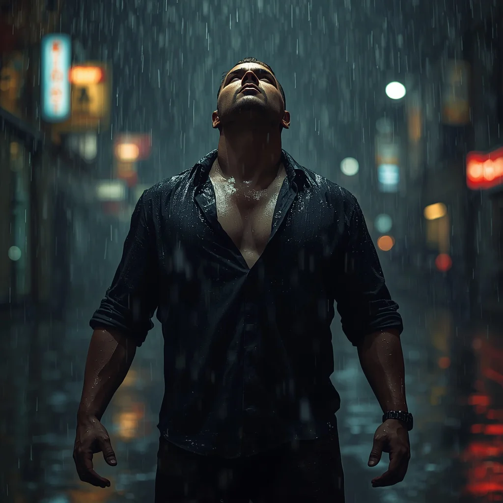 Powerful Man Standing in Heavy Rain Emotional Masculine Intensity | free ai prompt — AI image prompt