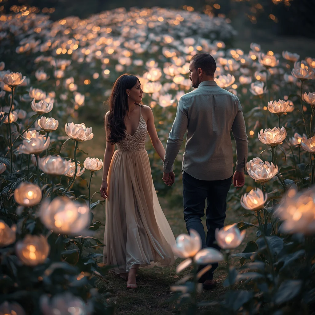 Romantic Couple in a Garden of Glowing Crystal Flowers | Realistic couple photo prompt — AI image prompt