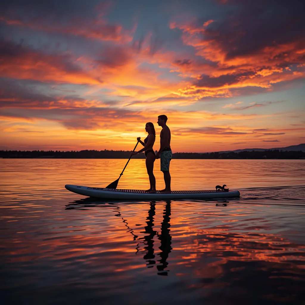Romantic Couple's Serene Sunset Paddleboarding on Calm Waters | free ai prompt — AI image prompt