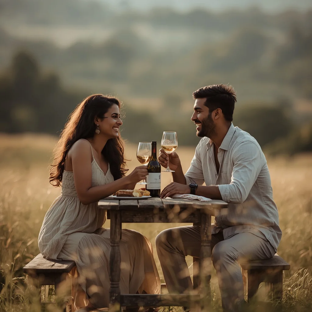 Romantic Indian Couple Sharing a Meal in a Countryside Setting | Prompt seen couple ChatGPT AI photo editing — AI image prompt