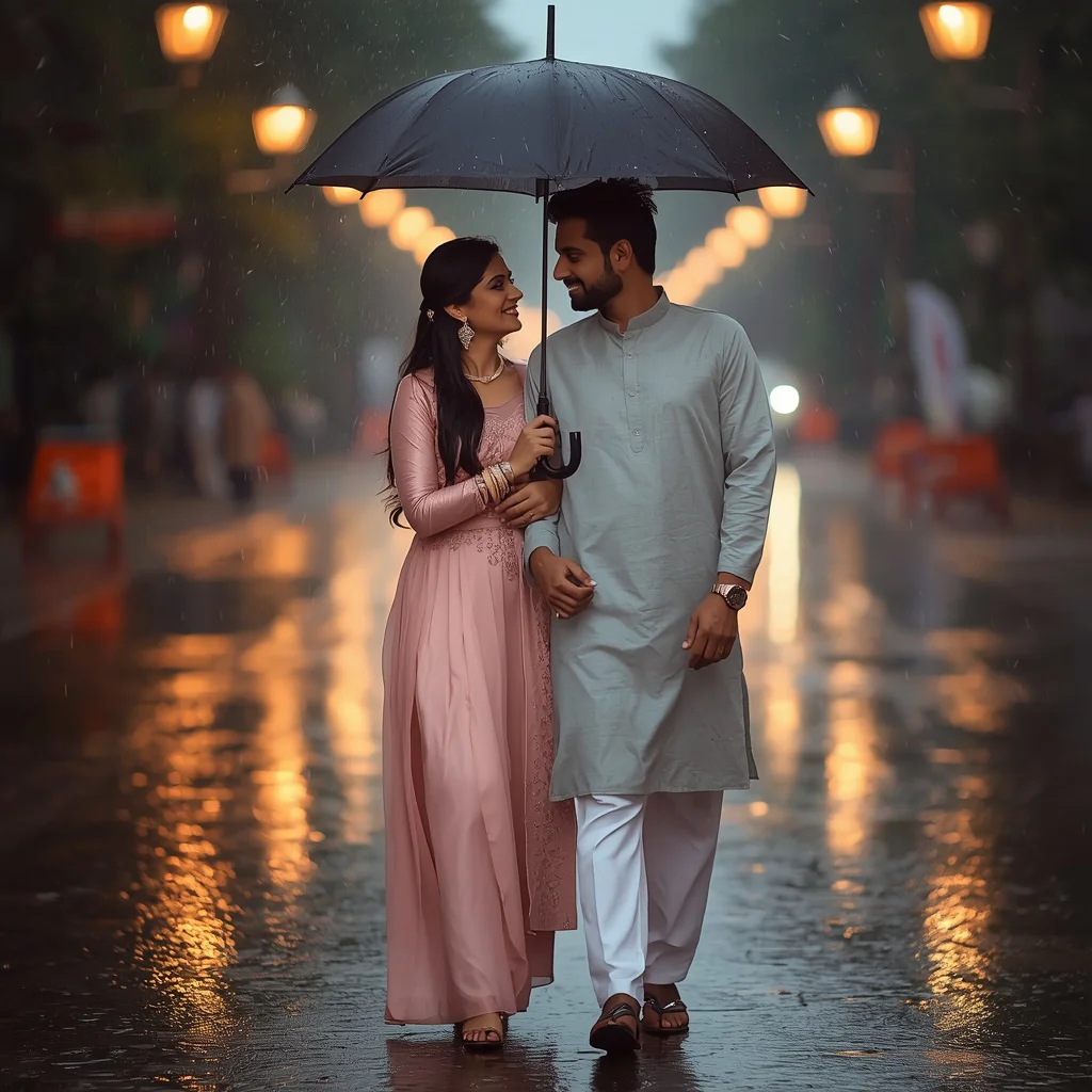 Romantic Indian Couple Sharing an Umbrella on a Rainy Street | Couple hug prompt for Gemini AI — AI image prompt