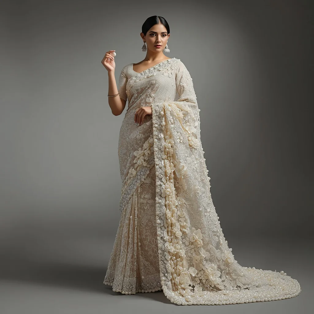 Woman in Sculpted Pearl and Silver Filigree Saree | stylish prompt for girls — AI image prompt