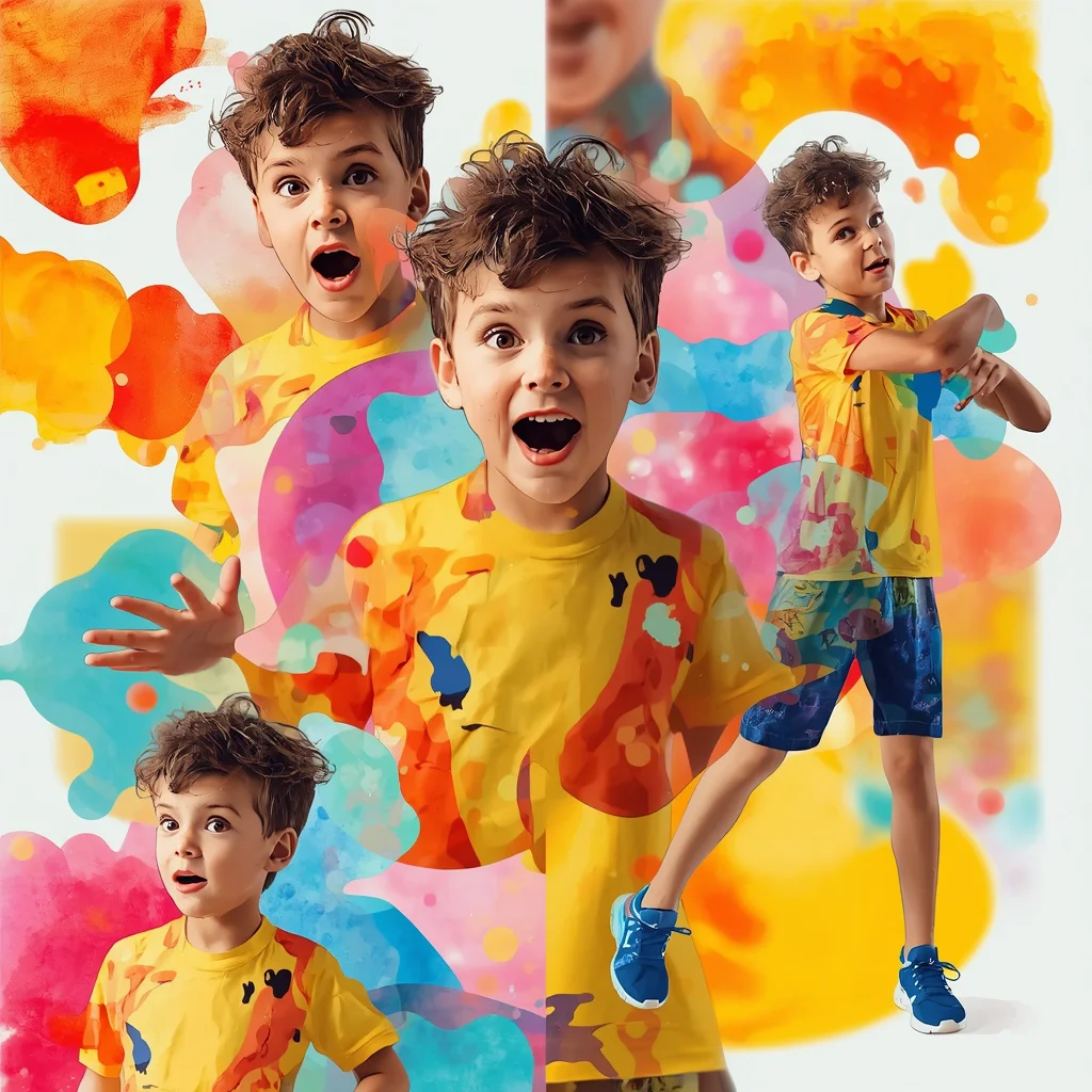 Young Boy in Playful Abstract Watercolor Blobs | Prompt seen trending boy 2026 AI photo Instagram — AI image prompt